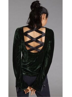 Anthropologie Green Velvet Moorcore Wuthering Heights Open Back Corset Blouse XS